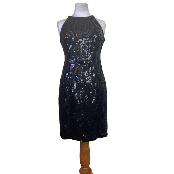 💋 CALVIN KLEIN - BLACK SEQUIN ALL OVER BODY CON HALTER COCKTAIL DRESS - SZ 4 - Picture 2 of 9